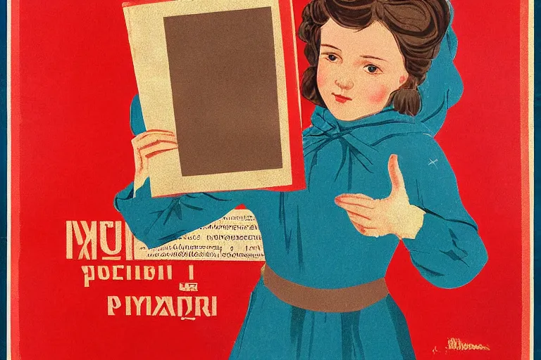 Image similar to the portrait of a russian young girl holding the communist manifesto in her hand, vintage russian poster style - h 1 0 2 4