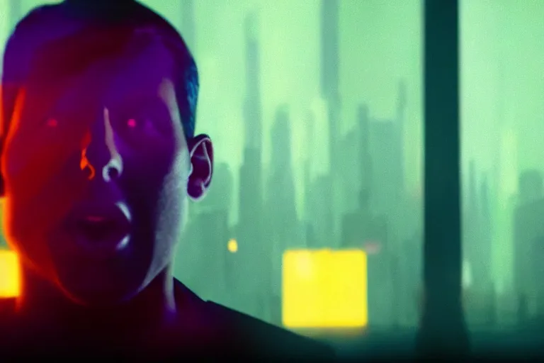 Image similar to a large digital hologram of a screaming face suspended in the air, photography by fred palacio medium full shot still from bladerunner 2 0 4 9, sci fi, bladerunner, canon eos r 3, f / 3, iso 2 0 0, 1 / 1 6 0 s, 8 k, raw, unedited
