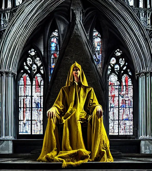 Image similar to a tall pale humanoid being sitting upon an ornate stone throne, 4K, digital art, horror, dramatic, wearing a long yellow rotting garment, dark, hyperrealistic, perspective, complex black church background with volumetric lights coming in through cathedral windows,
