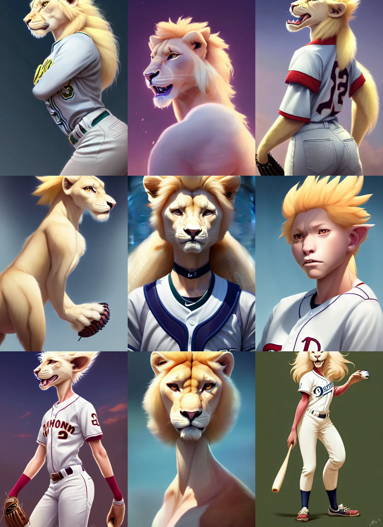 Prompt: beautiful portrait of a female anthropomorphic albino lioness fursona baseball player. character design by disney, charlie bowater, ross tran, artgerm, and makoto shinkai, detailed, soft lighting, rendered in octane