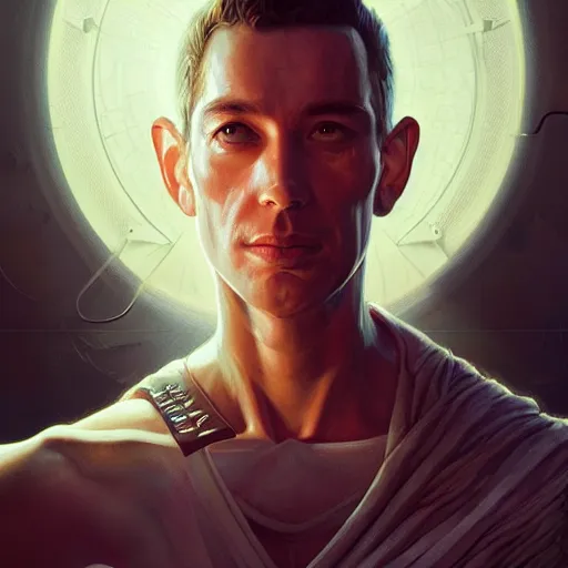 Image similar to portrait of the god of science and technology, upper body, D&D, intricate, cinematic lighting, highly detailed, digital painting, artstation, concept art, smooth, sharp focus, illustration, art by Artgerm and Greg Rutkowski