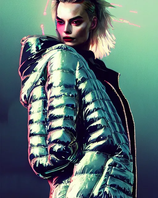 Image similar to neon operator margot robbie, cyberpunk futuristic neon, reflective puffy coat, decorated with traditional japanese ornaments by ismail inceoglu dragan bibin hans thoma greg rutkowski alexandros pyromallis nekro rene maritte illustrated, perfect face, fine details, realistic shaded, fine - face, pretty face