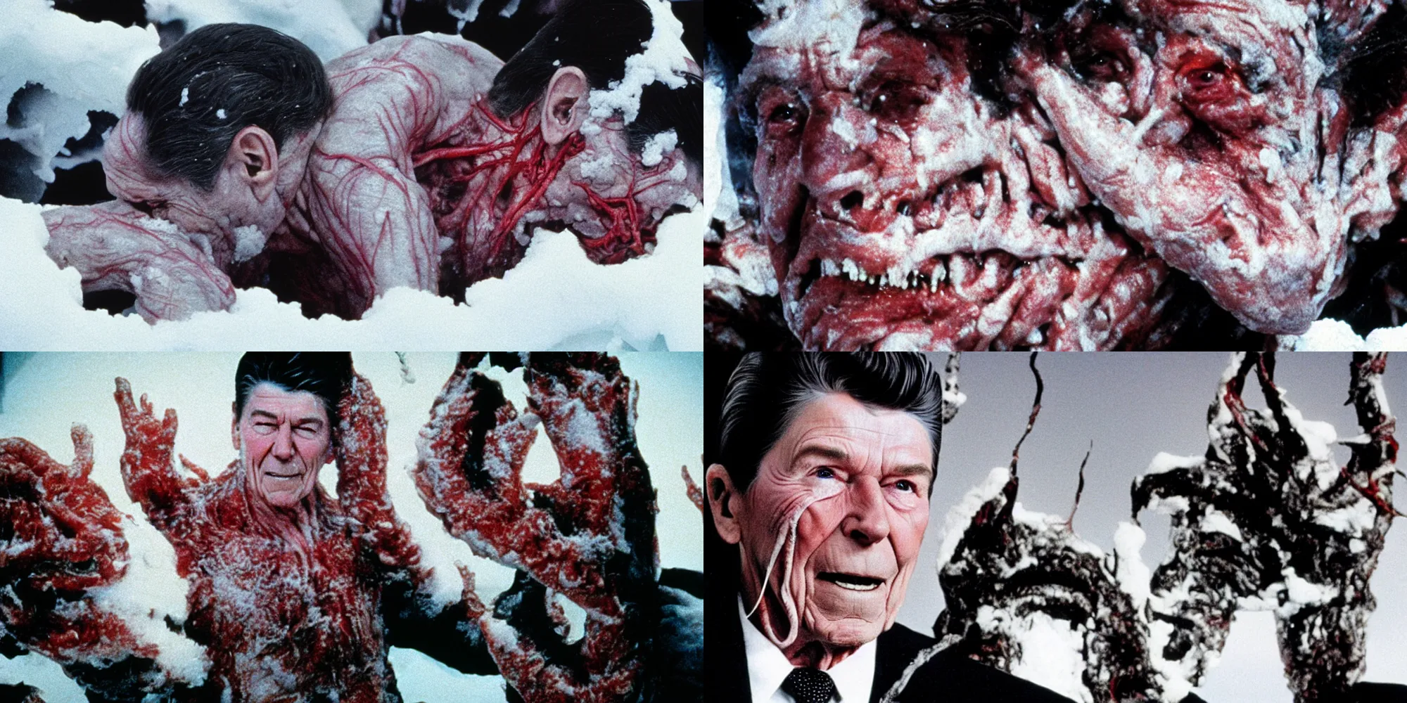 Prompt: ronald reagan body horror in the thing ( 1 9 8 2 ) directed by john carpenter, limb mutations, swollen veins, red flesh strings, antarctica, snow, flamethrower, cinestill 8 0 0 t, 1 9 8 0 s movie still, film grain