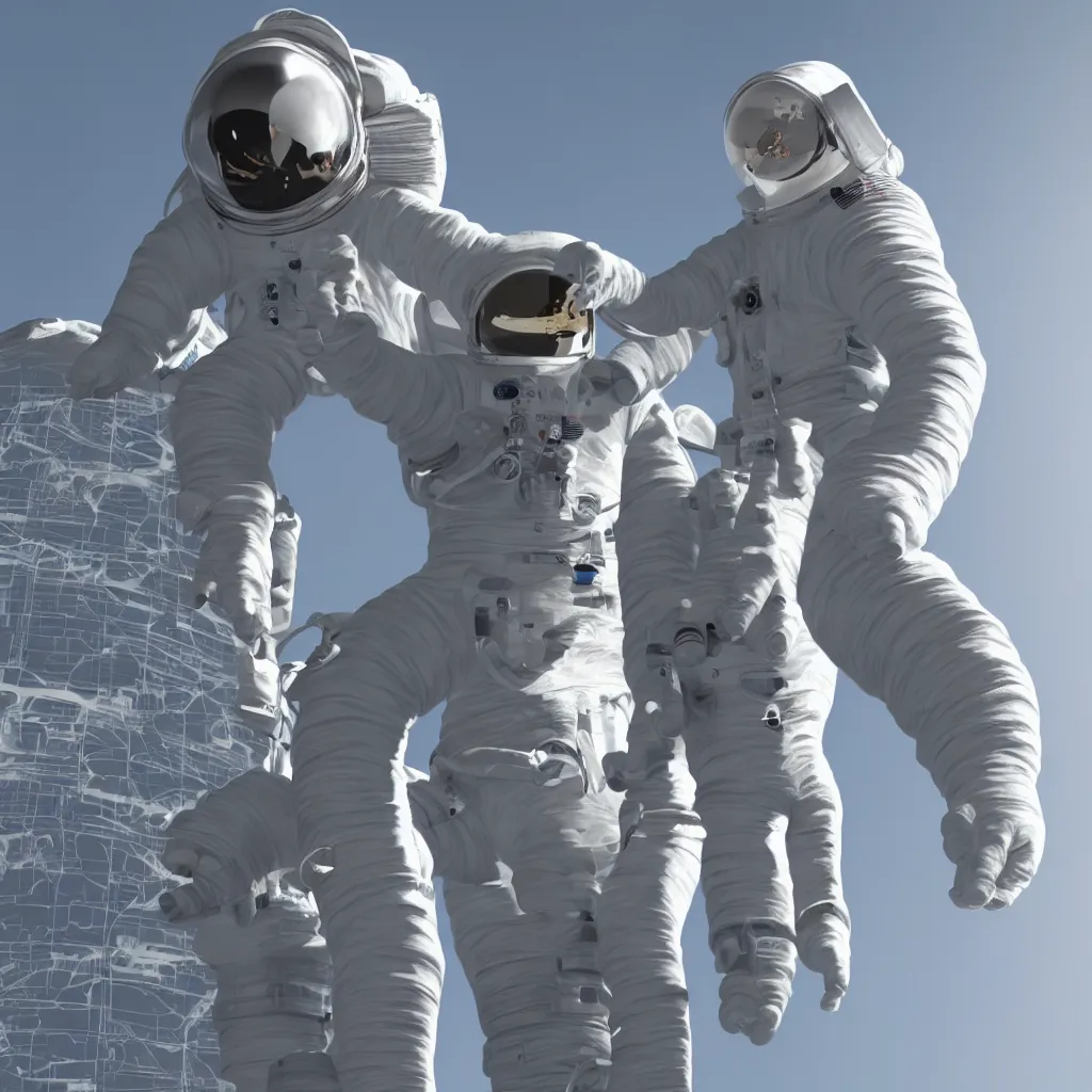 Prompt: illustration of a giant hand placing a life - sized grey plastic sculpture of an astronaut atop a building