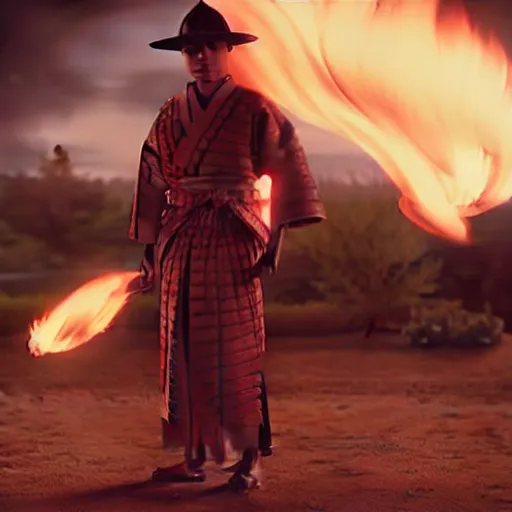 Image similar to cinematic film still Pharrell Williams starring as a Samurai holding fire, Japanese CGI, VFX, 2003, 40mm lens, shallow depth of field,film photography