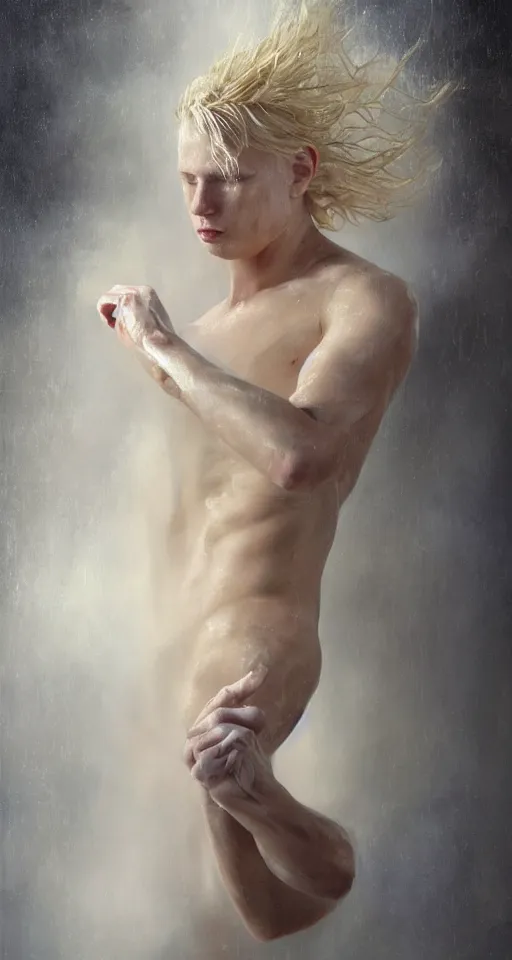 Image similar to painting of a beautiful pale androgynous blond albino man, dancing in the rain, very very long curly pale blond hair, strong fat chunky build, by Jeremy Mann and Jason Jenicke, 70mm, cinematic, highly detailed, stylized, loose brush strokes, intricate, realistic, exaggerated lighting, dramatic lighting, sense of scale, sense of movement, sensual