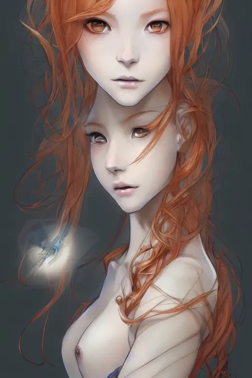 Image similar to beautiful concept art, character design sheet, beautiful anime style gingerhead young girl mermaid with a gorgeous faces, high fashion, fantasy, intricate, elegant, highly detailed, digital painting, artstation, concept art, smooth, sharp focus, illustration, beautiful light and shadows, art by artgerm and greg rutkowski and lin hsiang and krenz cushart and wlop