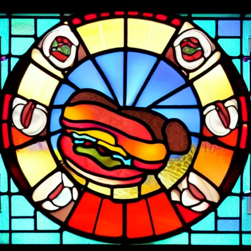 Prompt: stained glass art of a hotdog eating contest