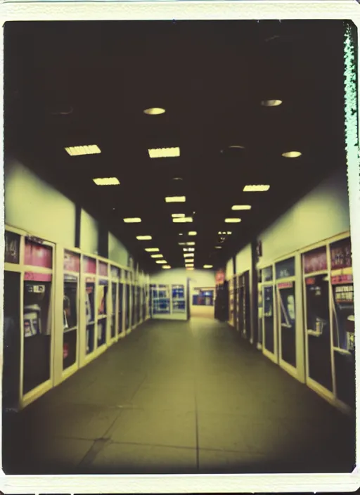 Prompt: polaroid photograph of the inside of an empty blockbuster store, liminal space, familiar place, mannequins, black mold, amateur, 3 5 mm, raw, 4 k, hd