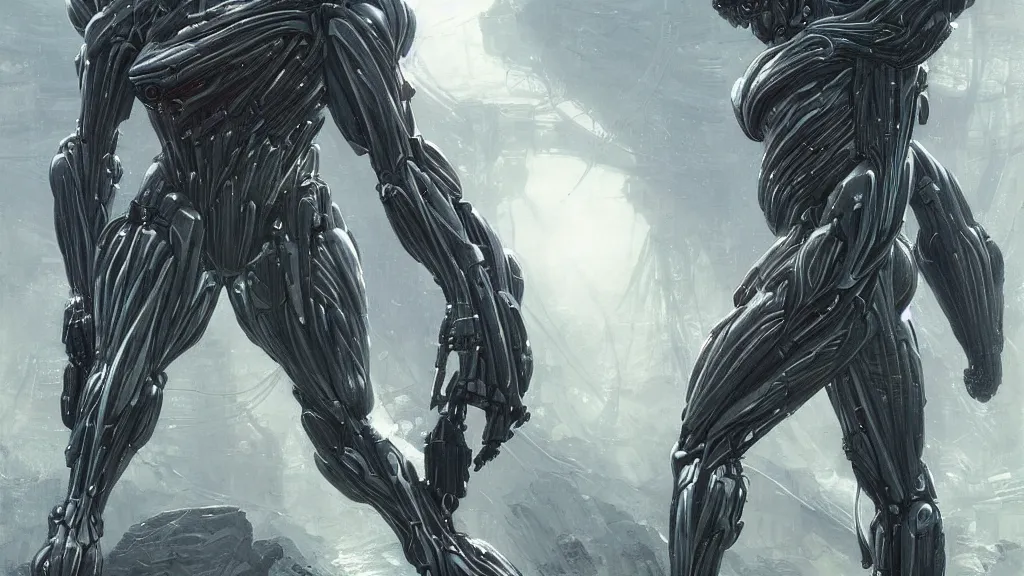 Image similar to crysis nanosuit with powerful biological muscle augmentation, megastructures, remnants of the human civilization at dusk, painted by tsutomu nihei, painted by artgerm and greg rutkowski