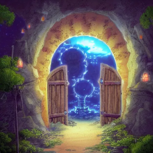 Image similar to gate portal with another world visible inside in studio ghibli style, dreamy, mystical, dark