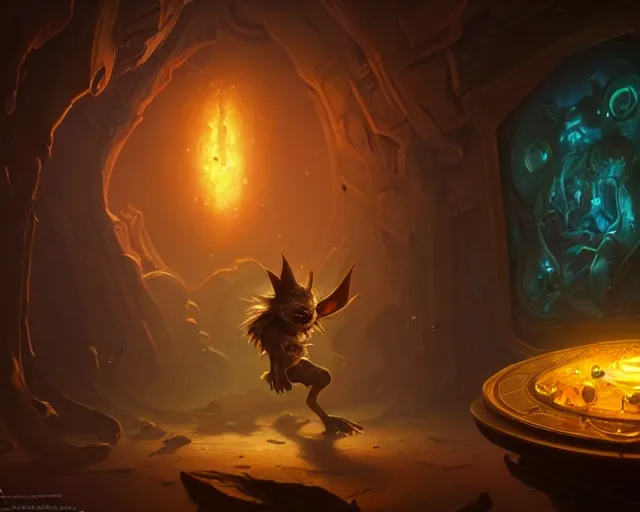 Image similar to a 4 k cinematic screenshot still portrait of a gremlin in a dark liminal space room surrounded by amber glow, deep focus, d & d, fantasy, intricate, elegant, highly detailed, digital painting, art station, concept art, matte, sharp focus, illustration, dark fantasy style art, hearthstone, art by artgerm and greg rutkowski and alphonse mucha