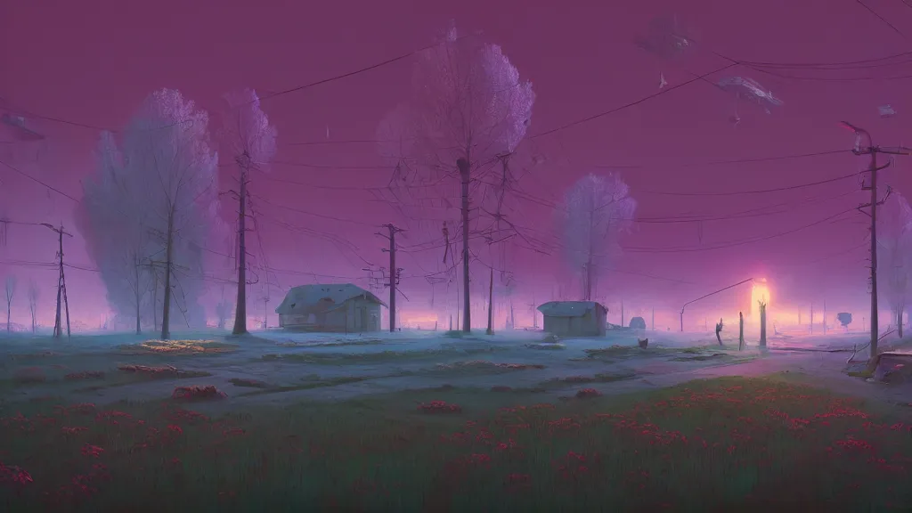 Image similar to gloomy russian village landscape by simon stalenhag, beeple, makoto shinkai, digital painting, fibonacci, trending on artstation, mandelbrot, beautiful, weird, cyberpunk, flowers, robot