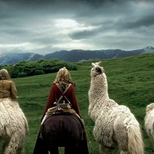 Image similar to still from lord of the rings showing the ride of the rohirrim, riding toward minas tirith on alpacas