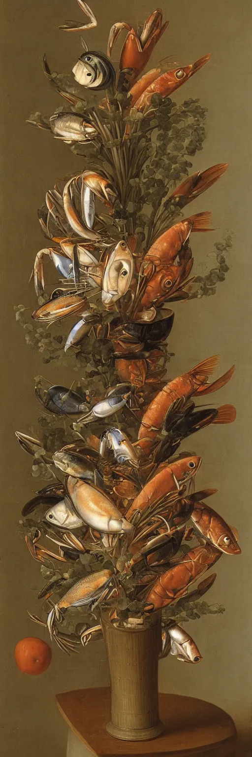 Prompt: A vase of seafood by Balthasar van der Ast