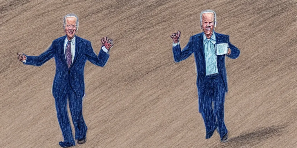 Image similar to drawing of Joe Biden , dressed in an alien costume , walking in the desert