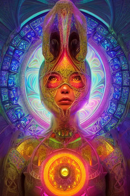 Prompt: a centered render of an alluring goddess wearing a psychedelic bio - mech mask is surrounded by a glorious sacred energy made from geometry and spiral mandel bulb fractals in a magnificent cathedral, powerful, cinematic, beautifully lit, by artgerm, by karol bak, 3 d, trending on artstation, octane render, 8 k