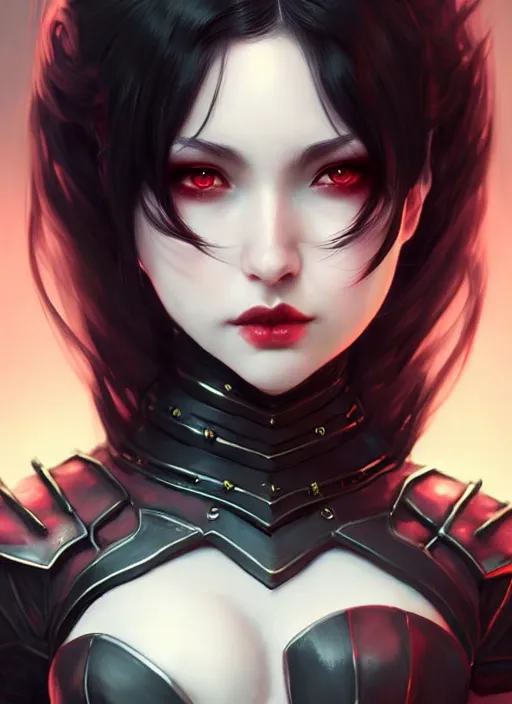 Image similar to full plate armor!!! beautiful and elegant dark hair female vampire!! gorgeous ayes!! character concept art, sharp focus, octane render! unreal engine 5! highly rendered!! trending on artstation!! detailed linework!! illustration by artgerm, wlop, and chie yoshii