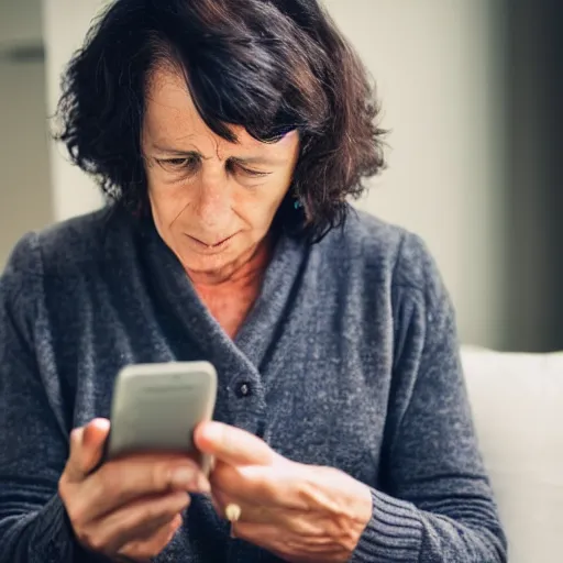 Prompt: my mother struggling to read the small text on her phone