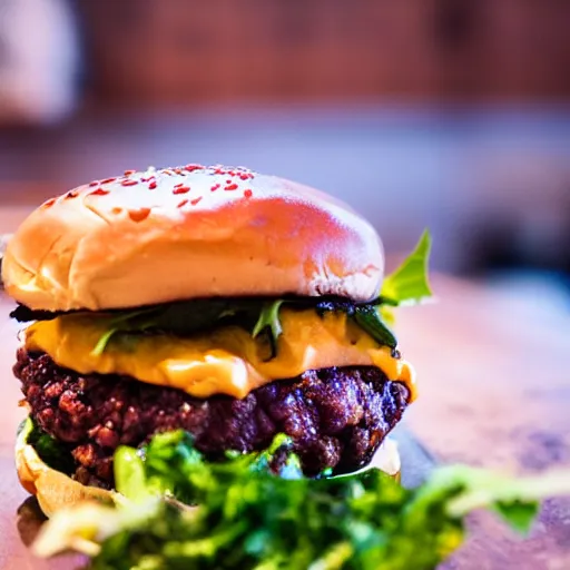 Prompt: tarantula burger, award winning photo, food photography, golden hour, holy