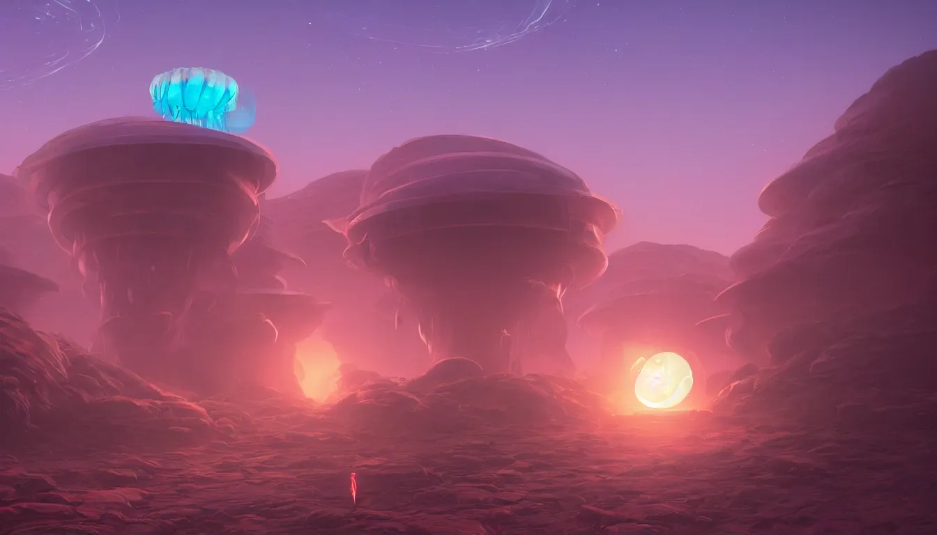 Prompt: A Jellyfish on a martian landscape, rendered by Beeple, Makoto Shinkai, syd meade, simon stålenhag, environment concept, digital art, unreal engine, 3 point perspective, WLOP, trending on artstation, low level, 4K UHD image, octane render,