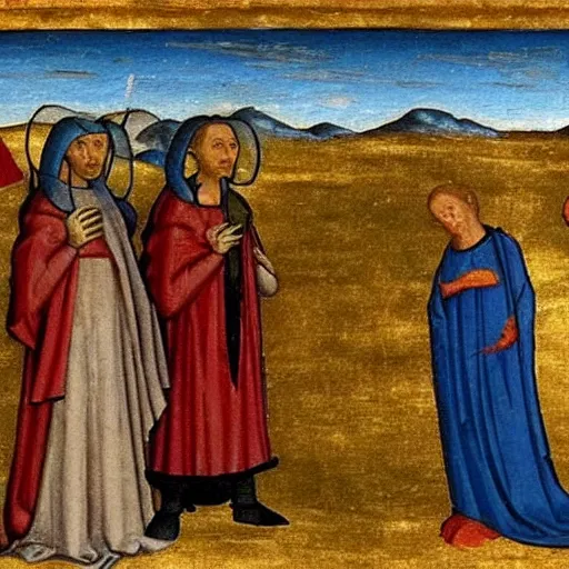 Prompt: Medieval painting about UFOs visiting Earth