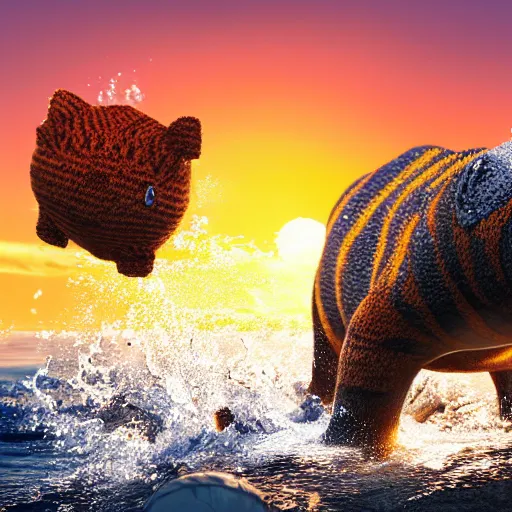 Prompt: a closeup photorealistic photograph of a cute smiling knitted tiger hippopotamus chasing a beachball during sunset. teeth exposed, surf in the background. professional capture. this 4 k hd image is trending on artstation, featured on behance, well - rendered, extra crisp, features intricate detail, epic composition and the style of unreal engine.