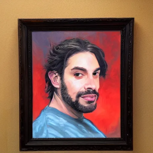 Image similar to portrait of twitch streamer vinny vinesauce, oil painting