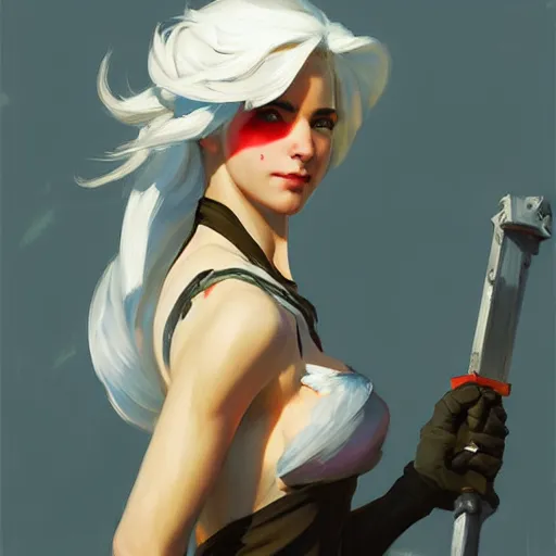 Image similar to Greg Manchess portrait painting of Ciri as Overwatch character, medium shot, asymmetrical, profile picture, Organic Painting, sunny day, Matte Painting, bold shapes, hard edges, street art, trending on artstation, by Huang Guangjian and Gil Elvgren and Sachin Teng