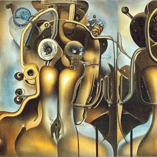 Prompt: Oil painting by Dali. Two mechanical gods with animal faces having a conversation. Oil painting by Hans Bellmer.