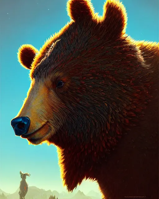 Image similar to highly detailed surreal vfx portrait of a cattlepunk bear, stephen bliss, unreal engine, greg rutkowski, loish, rhads, beeple, makoto shinkai and lois van baarle, ilya kuvshinov, rossdraws, tom bagshaw, alphonse mucha, global illumination, detailed and intricate environment