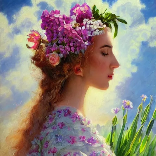 Image similar to a portrait of a romantic woman with flowers grow out of hair, roses peonies forget-me-nots dahlias lupins gladioli, sky theme in background, by Alexandr Averin, Digital Art, Trending on artstation