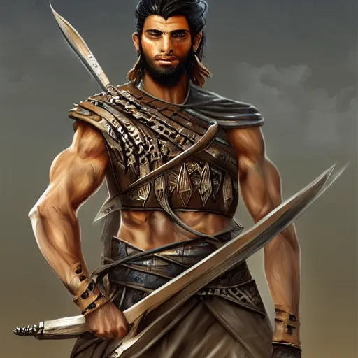 Image similar to kurdish male warrior, highly detailed, digital painting, artstation, concept art, sharp focus, illustration, incredibly strong and handsome