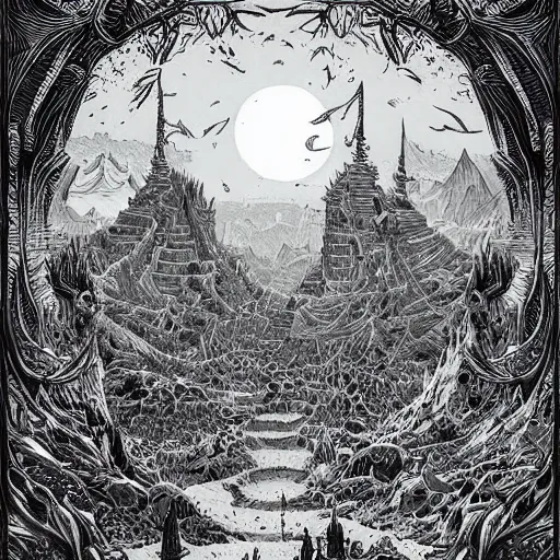 Prompt: impressive fantasy landscape, beautiful line art, pure b & w, etching illustration, square sticker, by joe fenton and greg rutkowski