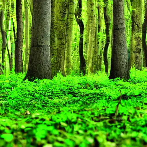 Prompt: a bright green forest full of colorful glowing mushrooms