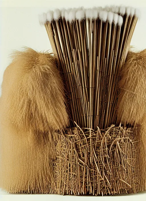 Image similar to realistic photo of a a medieval brushwood and straw archeology scientific equipment device made of brushwood, with white fluffy fur, by dieter rams 1 9 9 0, life magazine reportage photo, natural colors, metropolitan museum collection