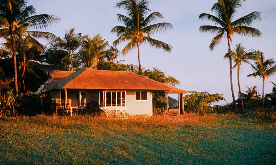 Image similar to 35mm film still, morning light over wood bungalow on the beach of a tropical island, vivid , color palette of gold