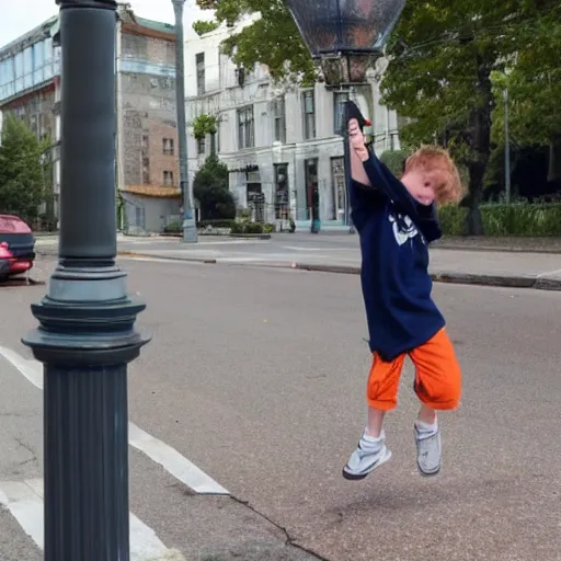 Image similar to a kid completely and unrhythmically twatting a lamp post with a stick