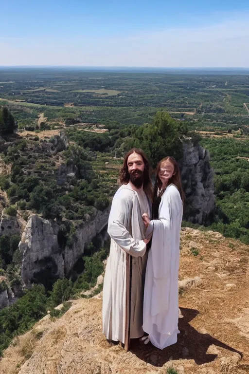 Prompt: selfie from a mobile phone of jesus and mary magdalene standing on a cliff looking over a beautiful landscape in france, languedoc, award winning photo, very detailed, very realistic