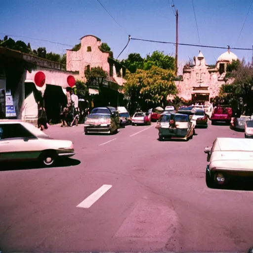 Prompt: photo, tlaquepaque, traffic jam, kodak ektachrome 1 2 0,