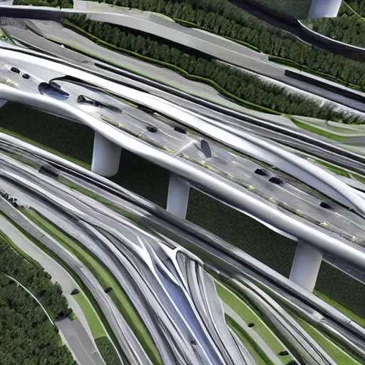 Image similar to a complicated highway interchange designed by Zaha Hadid