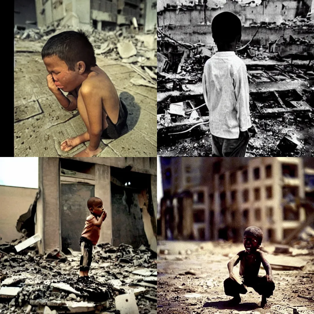 Prompt: “A small boy cries by the ashes of a nuclear bomb destroyed city”