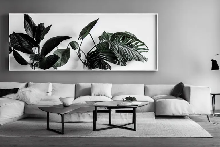 Image similar to minimalist contemporary modern design living room, cozy, calm, plants, big canvas art, hardwoord floor, white walls, highly detailed wide angle photograph