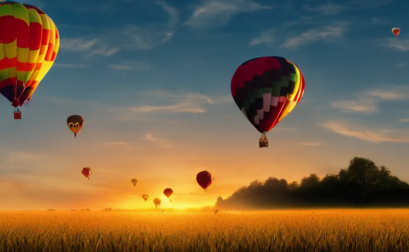 Prompt: an influx of giant balloon animals flying through a grass field, enigmatic scene, dusk, sunrise, still from a 2015 pixar movie, 4k, high quality wallpaper