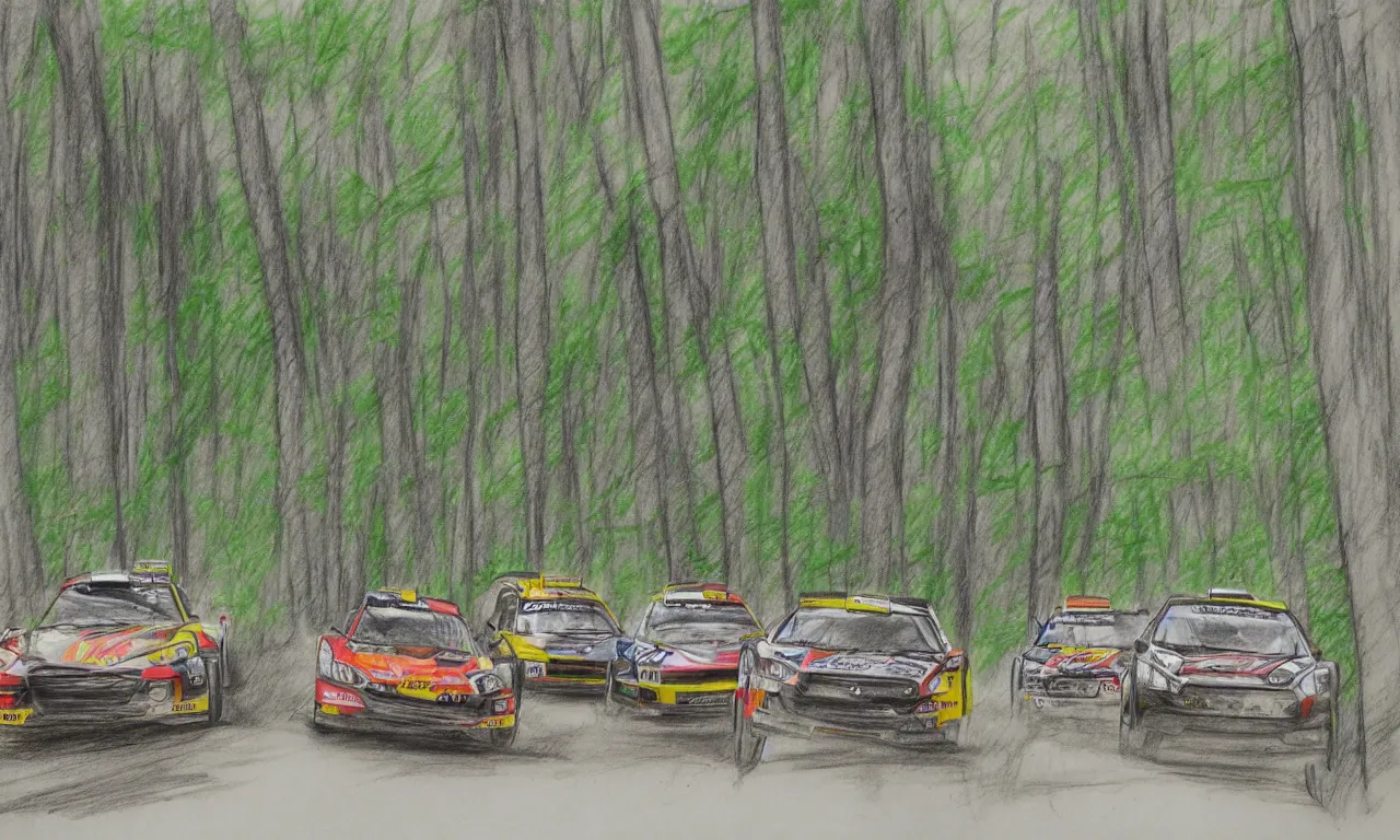 Image similar to 3 rally cars racing through a forest with a river behind them, sun shining through the trees, pencil sketch,
