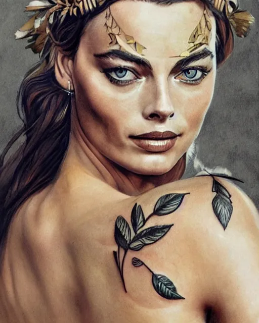 Image similar to realism tattoo sketch of margot robbie as a beautiful greek goddess aphrodite with piercing eyes wearing a laurel wreath and triangle earrings, in the style of greg rutkowski, amazing detail, confident