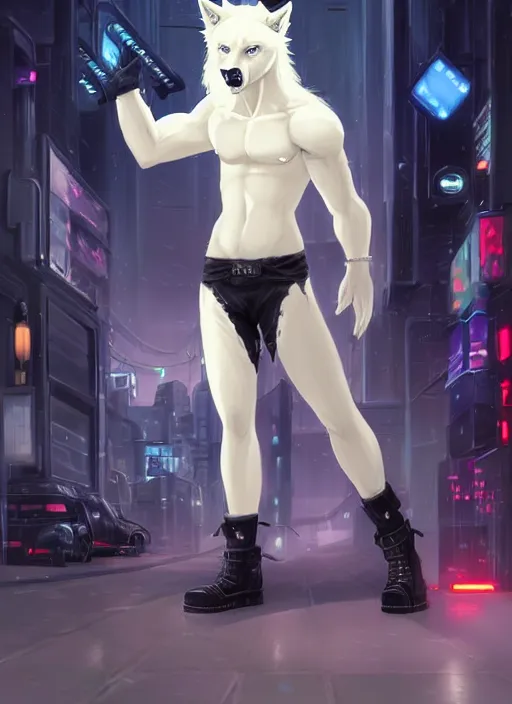 Prompt: character portrait of a shirtless fit male anthro albino wolf fursona with a tail and a cute beautiful attractive detailed furry face wearing black stylish cyberpunk pants and boots in a cyberpunk city at night while it rains. Character design by charlie bowater, ross tran, artgerm, and makoto shinkai, detailed, inked, western comic book art