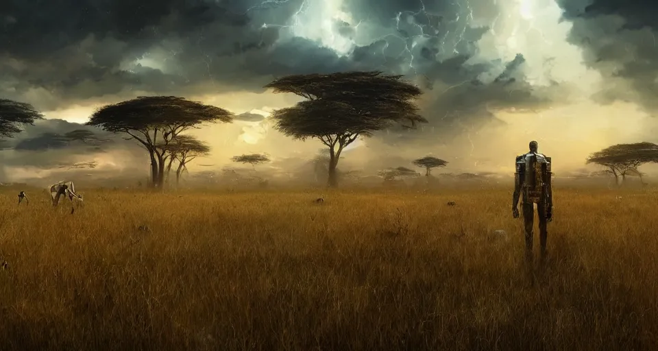 Prompt: distant cyberpunk wildlife on the african plains, long grass, acacia trees, sparkling water, glistening, dramatic clouds, heavy rain, extreme weather, hyper realistic, hyper detailed, digital art, trending in artstation, cinematic lighting, vibrant, studio quality, smooth render, unreal engine 5 rendered, octane rendered, by jesper ejsing, paul lehr