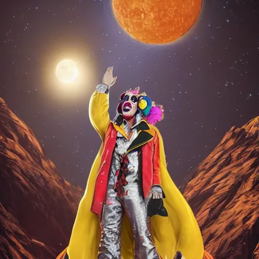 Image similar to the image of clownvis presley with outstretched arms between the moon and the sun and a thousand stars ultra realistic, concept art, intricate details, serious, highly detailed, photorealistic, octane render, 8 k, unreal engine, art by todd mcfarlane and artgerm and greg rutkowski and alphonse mucha