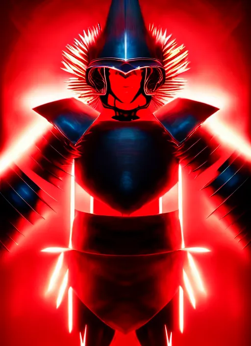 Image similar to a striking cinematic full body manga portrait of a long black haired masked male teenager wearing imposing red jagged spiked plate armour and glowing with raging powerful red energy by hirohiko araki and beeple, fine details, digital art, character concept art, volumetric lighting, cinematic light, photorealistic